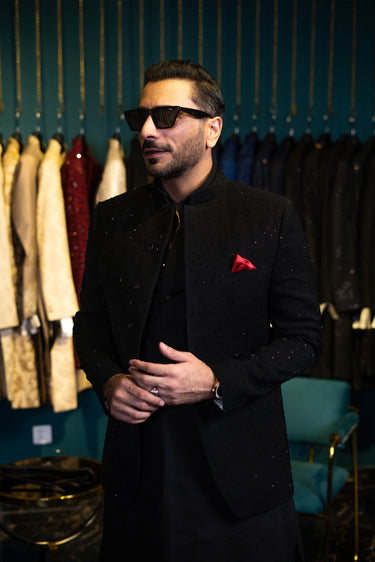 Black Armani prince coat Mehndi Collection HumayunAlamgir