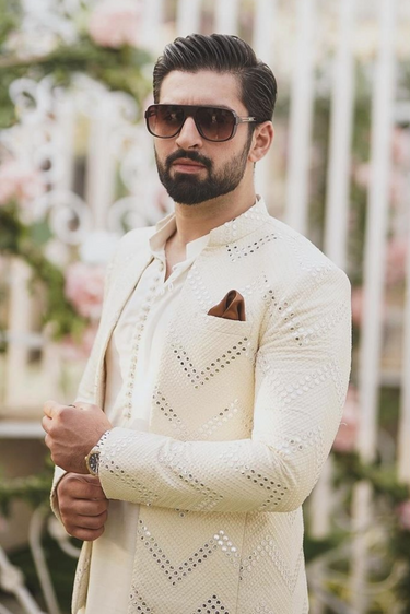 Off White Embroidered Prince Coat humyaunalamgir