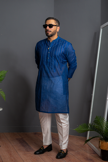 Sky Blue Thread Embroidery Monark Kurta Pajama