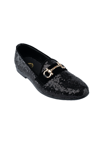 BLACK SEQUENCE DOUBLE BUCKLE SHOES