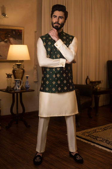 Dark Green Cotton Silk Waist Coat humyaunalamgir S Waist Coat