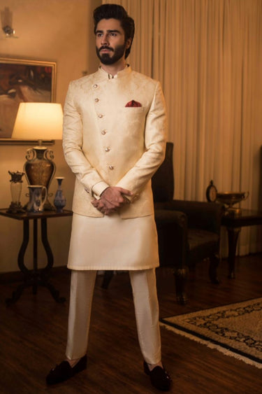 Beige Pure Indian Jamawar Prince Coat humyaunalamgir