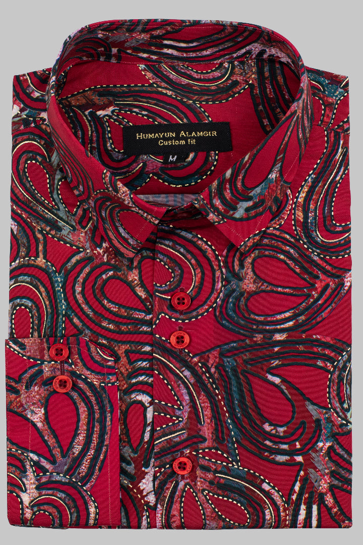 RED SILK PRINTED SHIRT Humayun Alamgir S