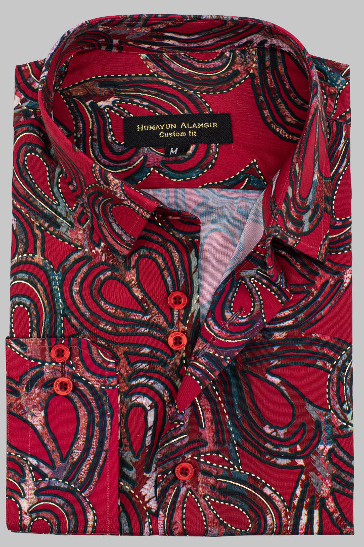 RED SILK PRINTED SHIRT Humayun Alamgir