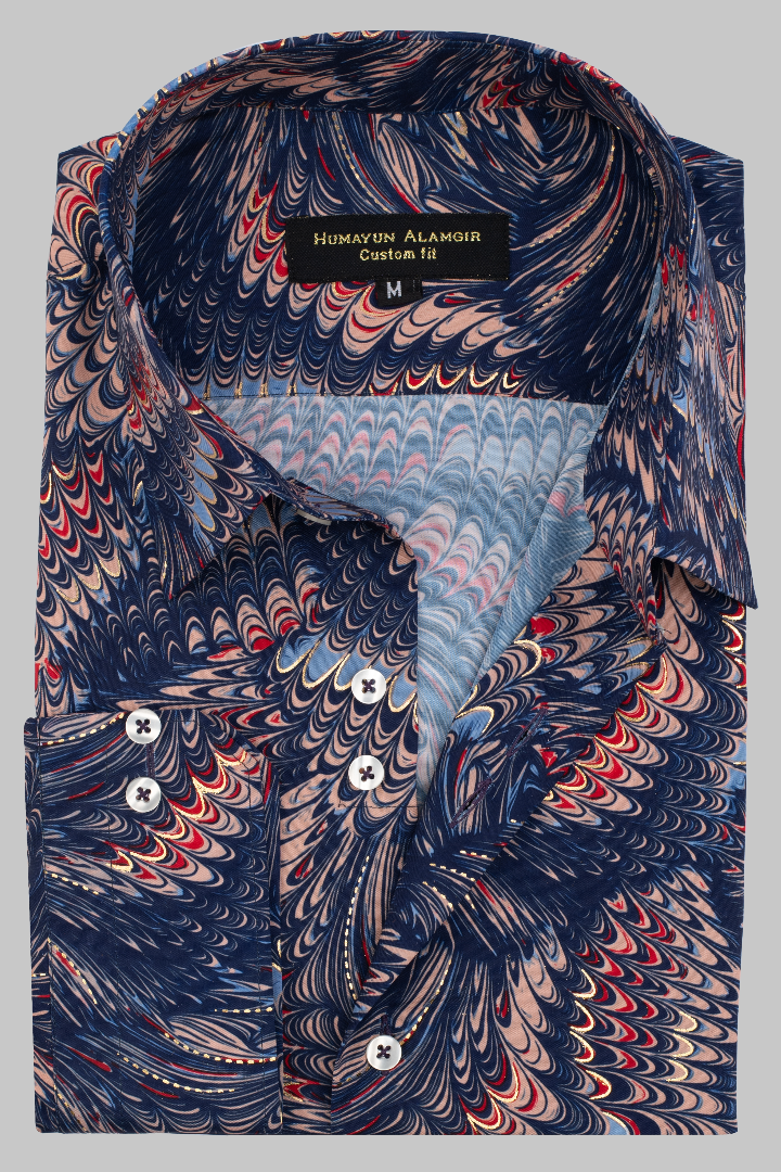 BLUE SILK PRINTED SHIRT Humayun Alamgir