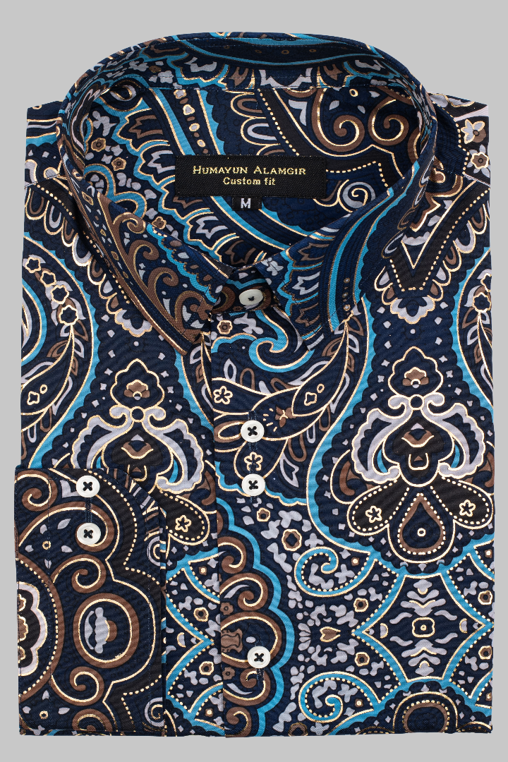 NAVY BLUE SILK PRINTED SHIRT Humayun Alamgir S