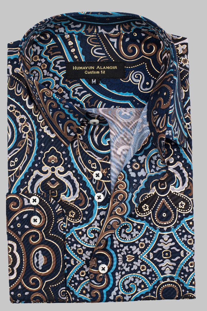 NAVY BLUE SILK PRINTED SHIRT Humayun Alamgir
