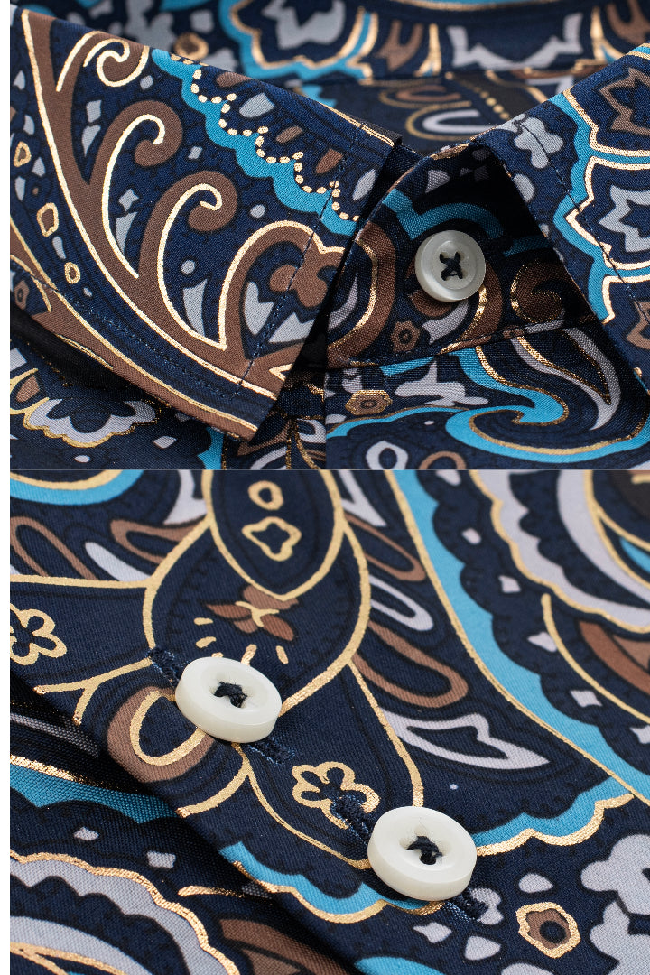 NAVY BLUE SILK PRINTED SHIRT Humayun Alamgir