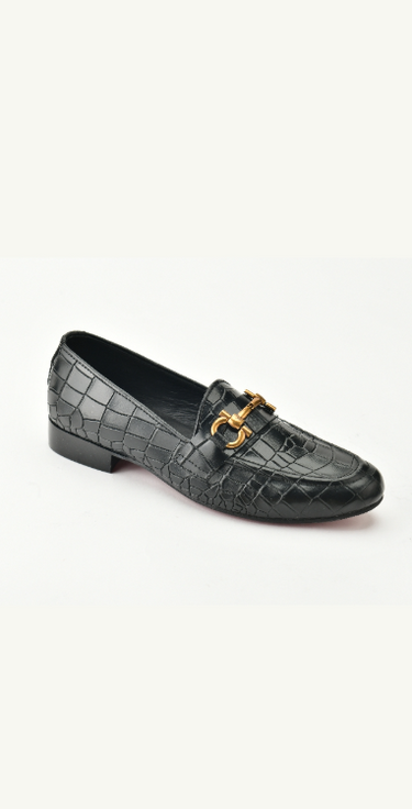 Black Crocodile Textured Gucci buckle shoes