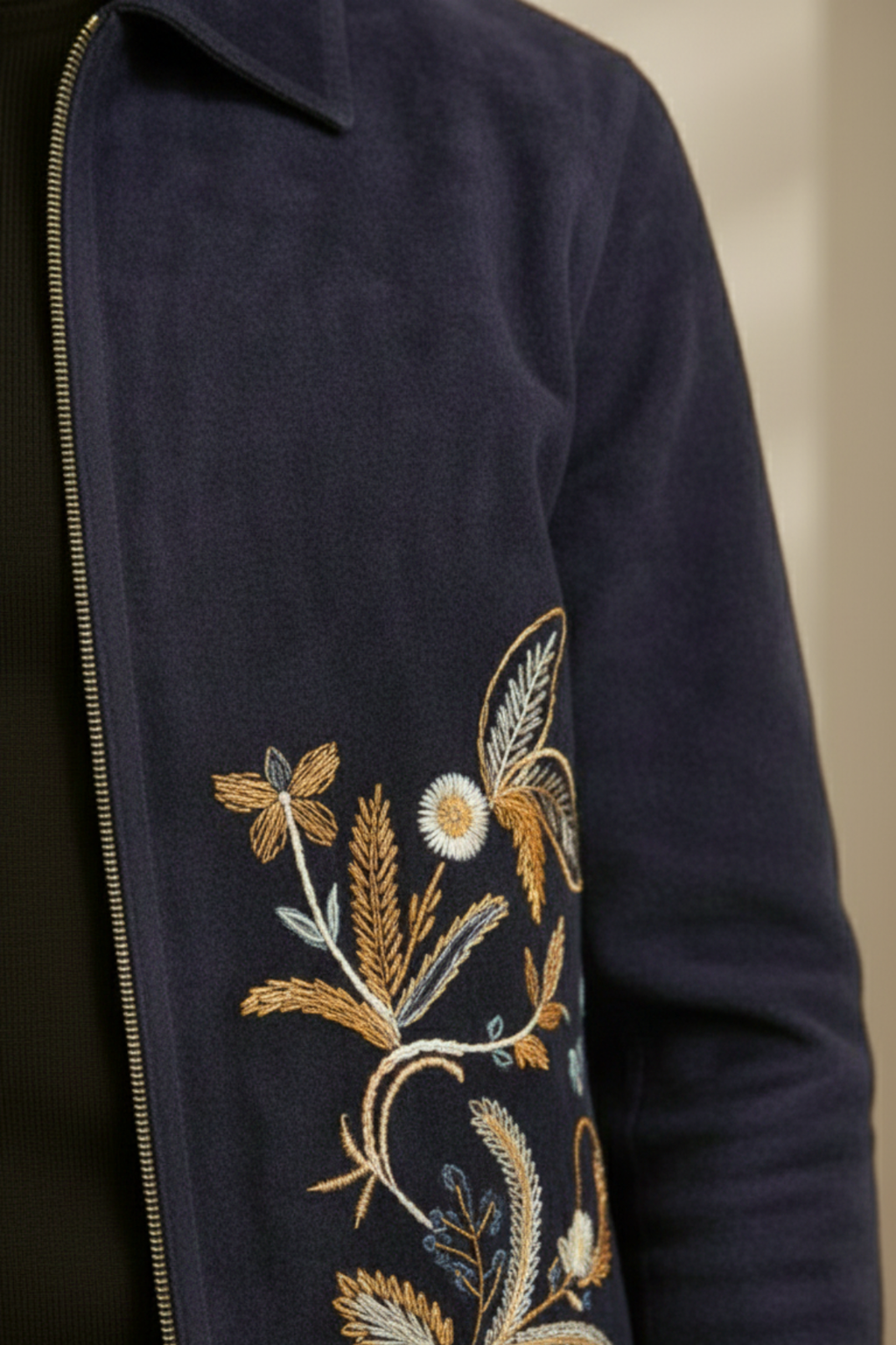 Embroidered Navy Blue Velvet Zipper Jacket Winter Jackets Humayun Alamgir