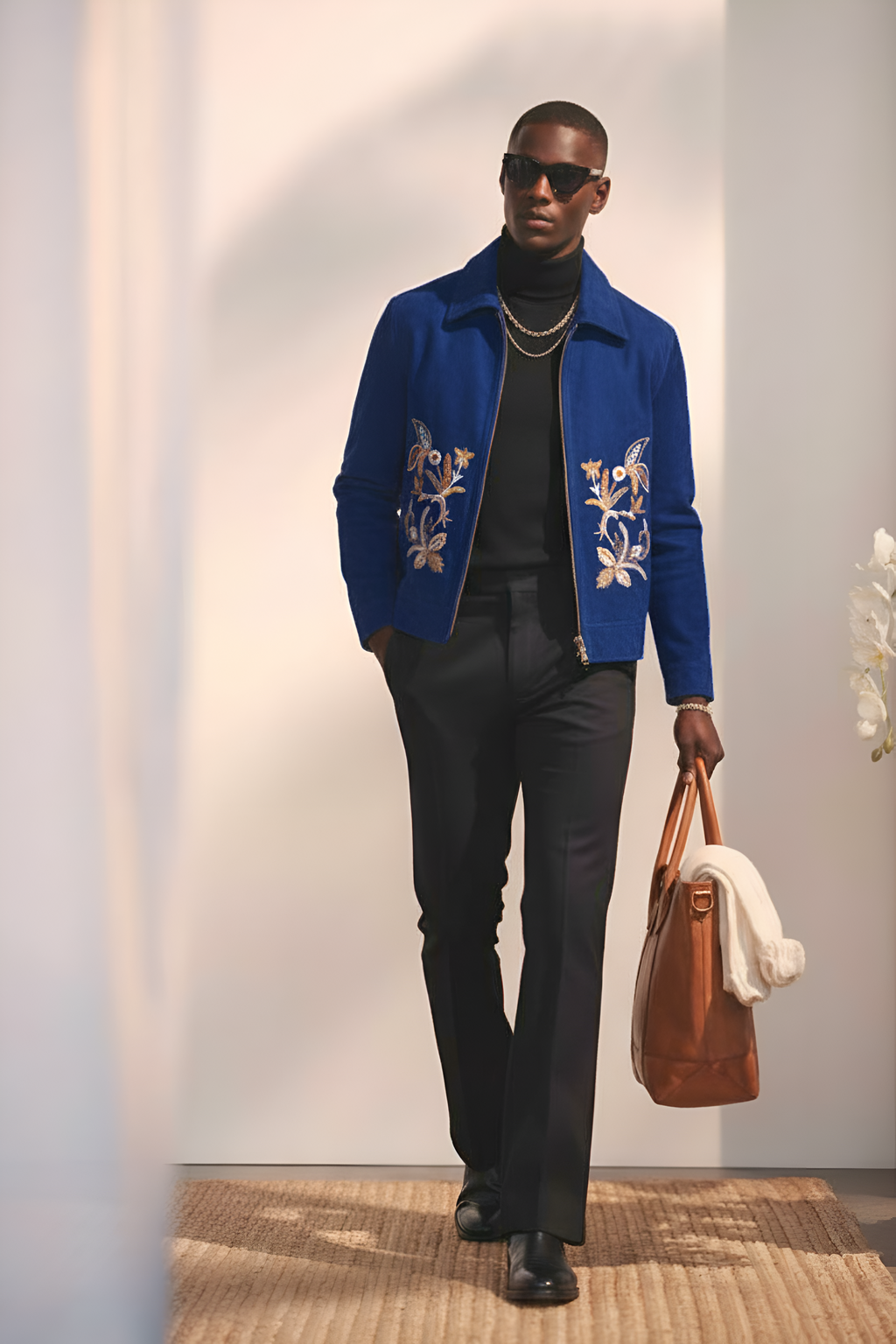 Embroidered Azure Blue Velvet Zipper Jacket Winter Jackets Humayun Alamgir