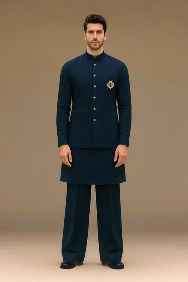 NAVY BLUE WAISTCOAT WITH KURTA/PAJAMA - COTTON SILK Waist Coats Humayunalamgir