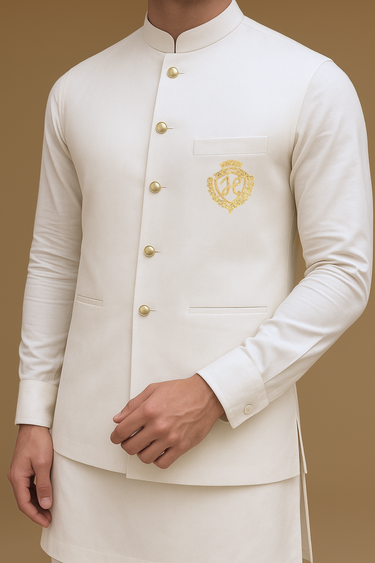 WHITE WAISTCOAT WITH KURTA/PAJAMA - COTTON SILK Waist Coats Humayun Alamgir