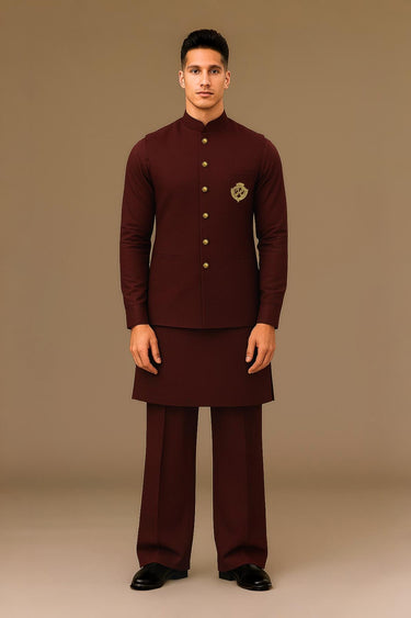 MAROON WAISTCOAT WITH KURTA/PAJAMA - COTTON SILK Waist Coats Humayunalamgir