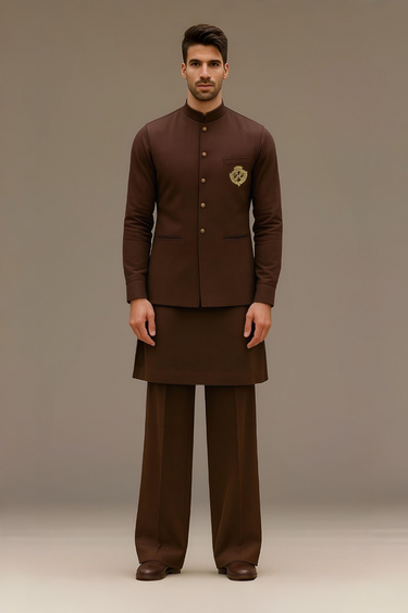 CHOCOLATE BROWN COTTON SILK WAISTCOAT WITH KURTA/PAJAMA