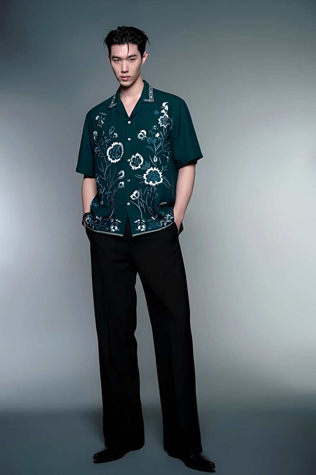 Teal Floral Embroidered Shirt Humayunalamgir