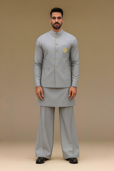 SILVER WAISTCOAT WITH KURTA/PAJAMA - COTTON SILK Waist Coats Humayunalamgir