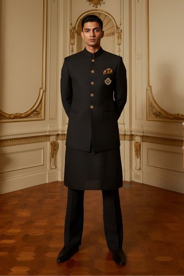 ROYAL BLACK PRINCE COAT WITH GOLDEN ACCENTS Prince Coats Humayun Alamgir