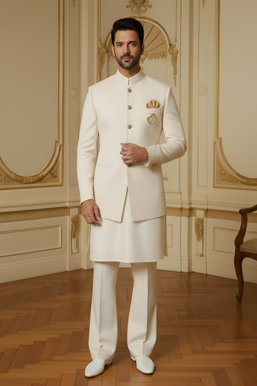ROYAL WHITE PRINCE COAT WITH GOLDEN ACCENTS Prince Coats Humayun Alamgir