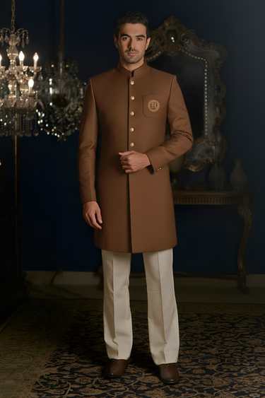 Brown Sherwani with Golden Motif sherwani Humayun Alamgir