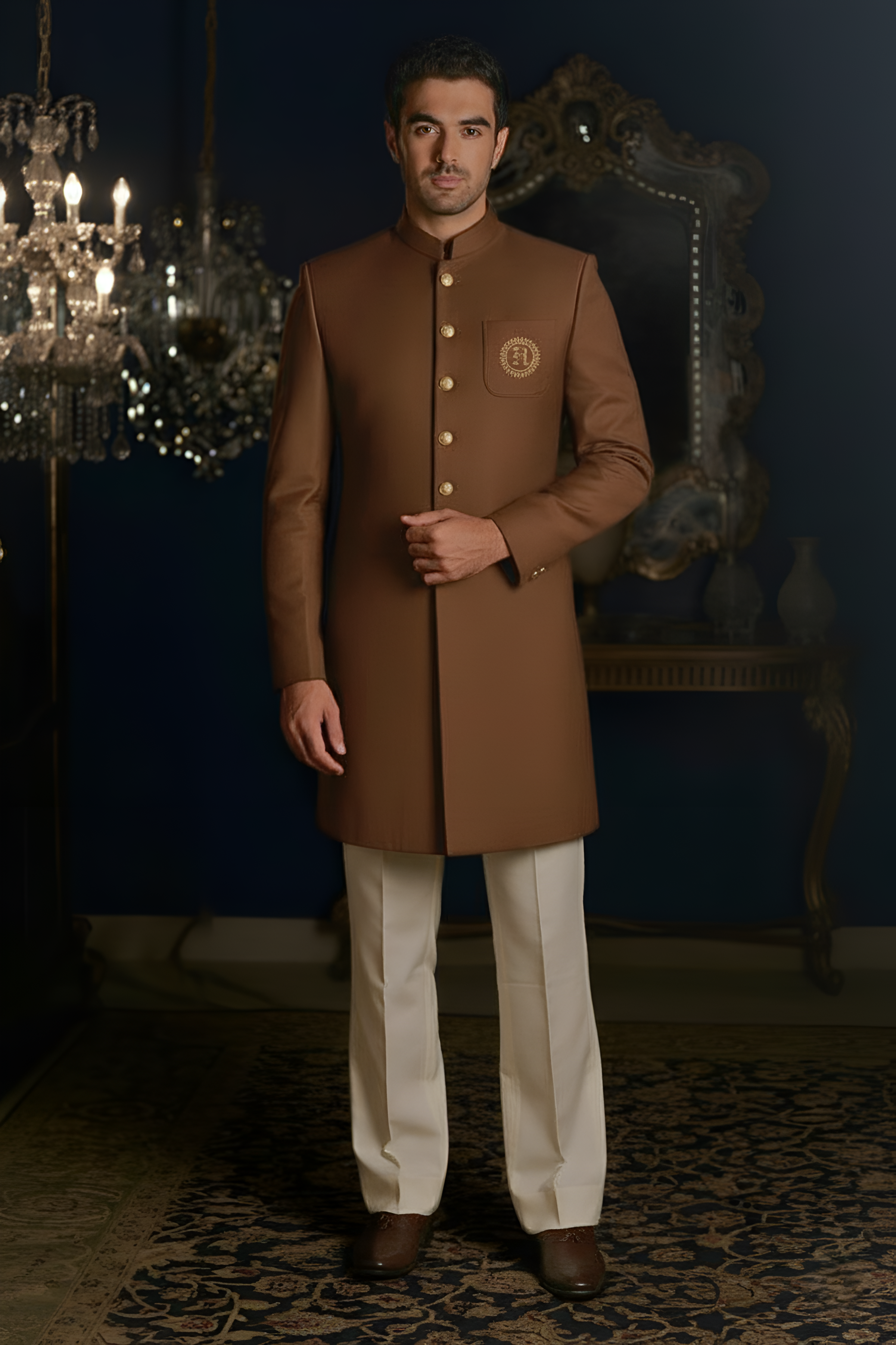 Brown Sherwani with Golden Motif sherwani Humayun Alamgir