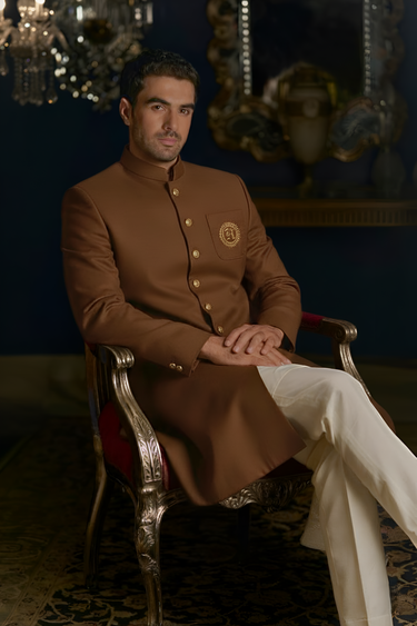 Brown Sherwani with Golden Motif sherwani Humayun Alamgir