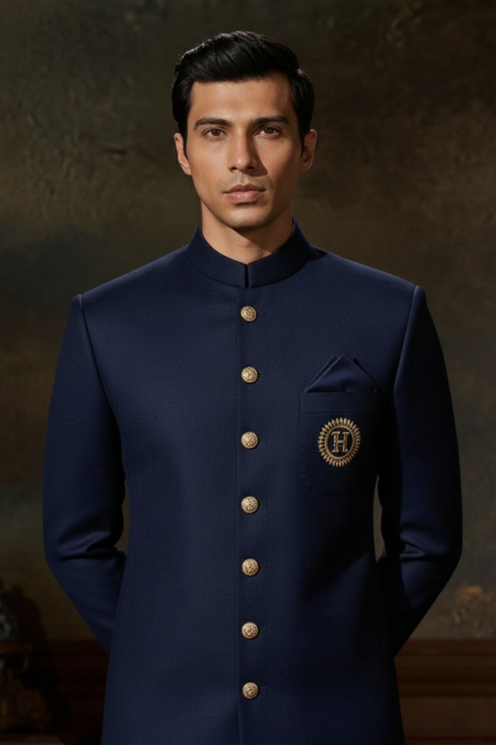 Navy Blue Sherwani with Golden Motif sherwani Humayun Alamgir