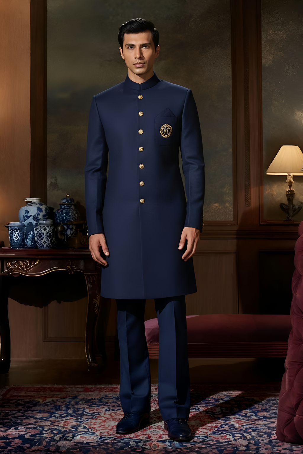 Navy Blue Sherwani with Golden Motif sherwani Humayun Alamgir
