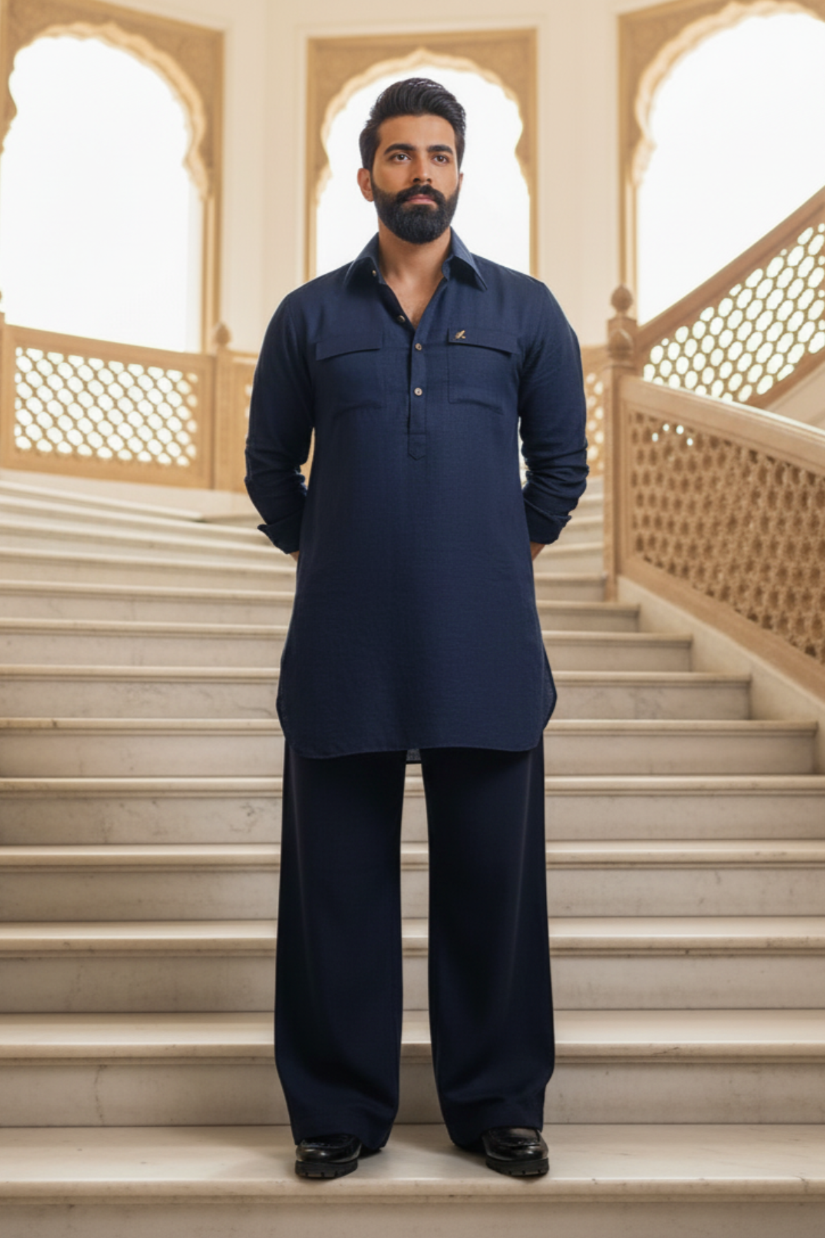 NAVY BLUE KURTA WITH FARSHI PAJAMA Humayunalamgir