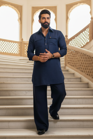 NAVY BLUE KURTA WITH FARSHI PAJAMA Humayunalamgir