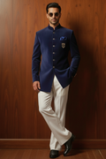 Royal Blue Velvet Prince Coat with Off-White Trousers prince suits Humayun Alamgir