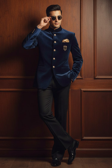 Navy Blue Velvet Prince Coat with Black Trousers
