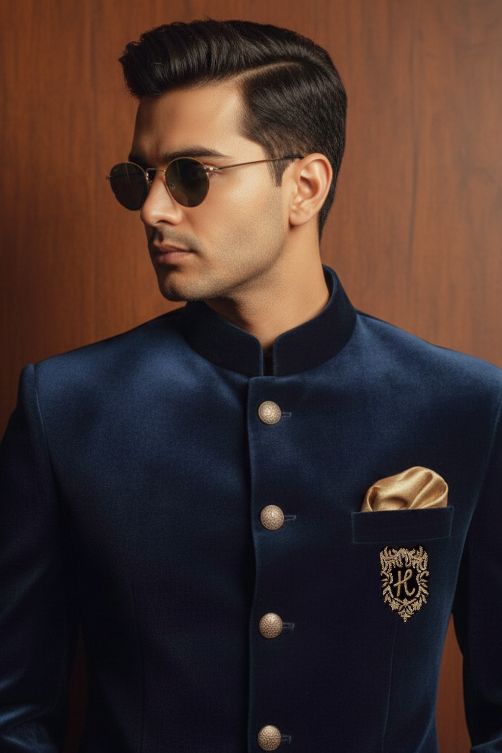 Navy Blue Velvet Prince Coat with Black Trousers prince suits Humayun Alamgir