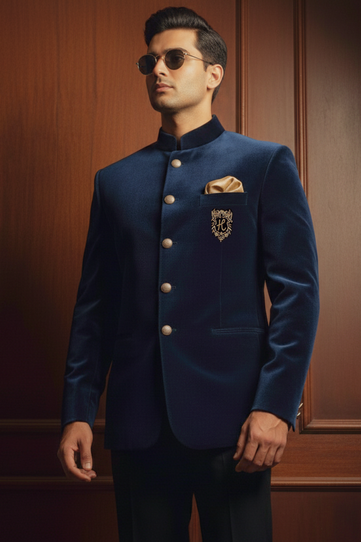 Navy Blue Velvet Prince Coat with Black Trousers prince suits Humayun Alamgir