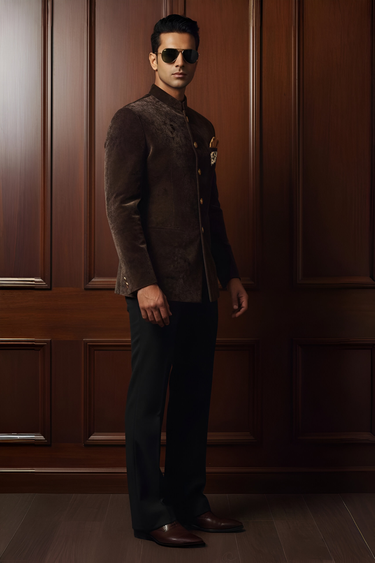 Deep Brown Self Printed Velvet Prince Coat with Black Trousers