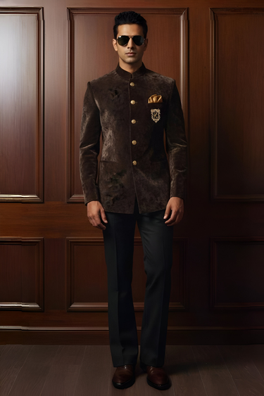 Deep Brown Self Printed Velvet Prince Coat with Black Trousers