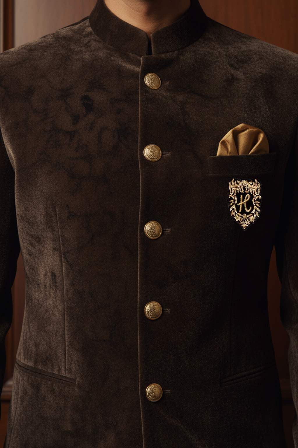 Deep Brown Self Printed Velvet Prince Coat with Black Trousers prince suits Humayun Alamgir