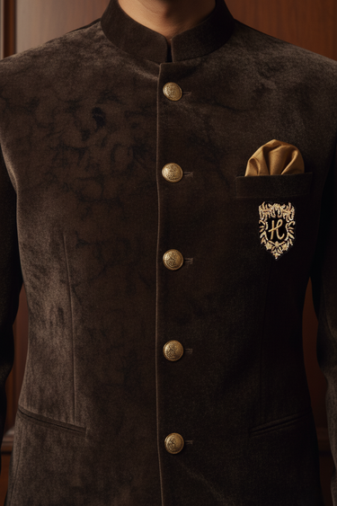 Deep Brown Self Printed Velvet Prince Coat with Black Trousers