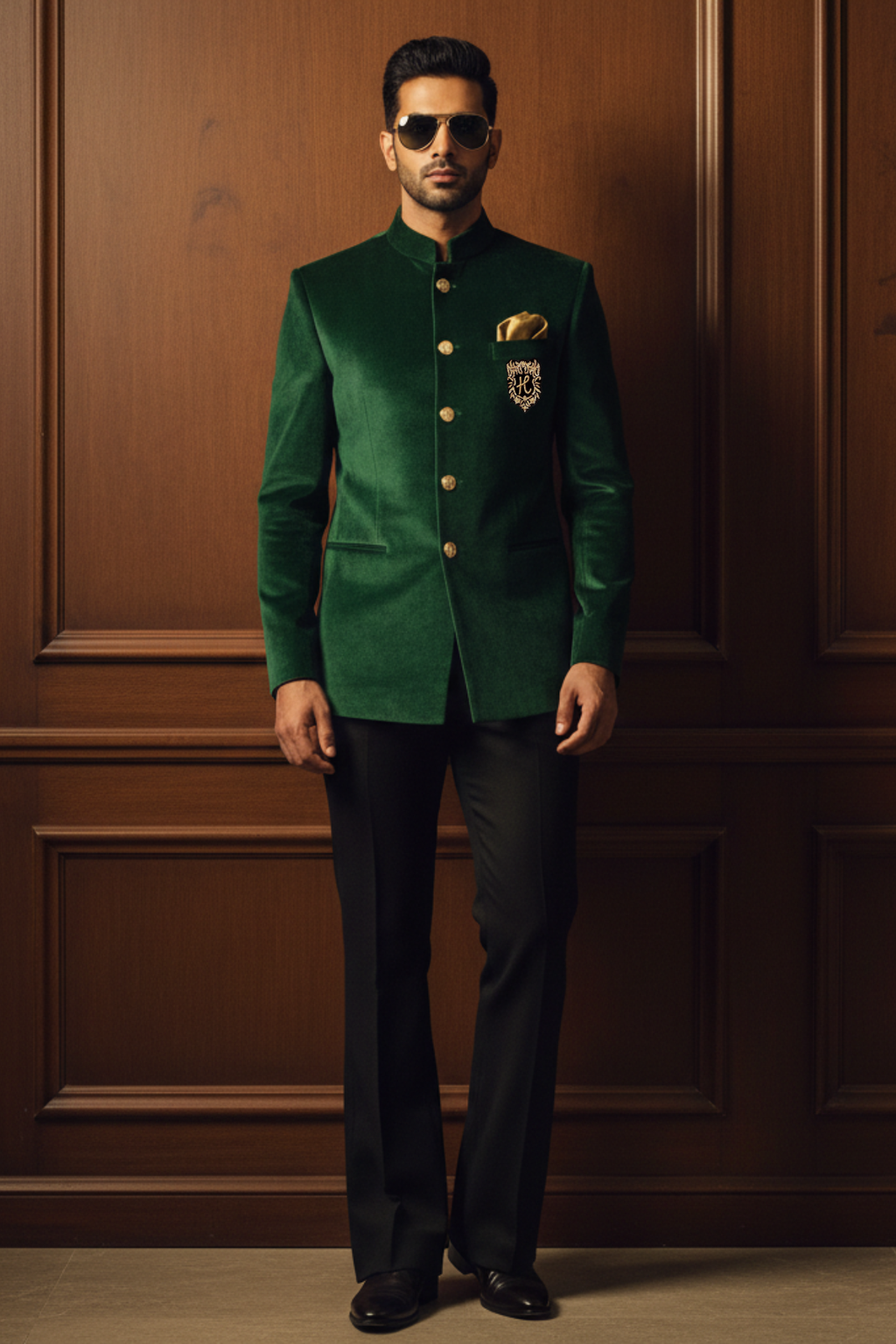 Deep Green Velvet Prince Coat with Black Trousers prince suits Humayun Alamgir