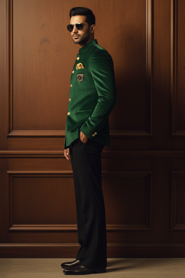 Deep Green Velvet Prince Coat with Black Trousers