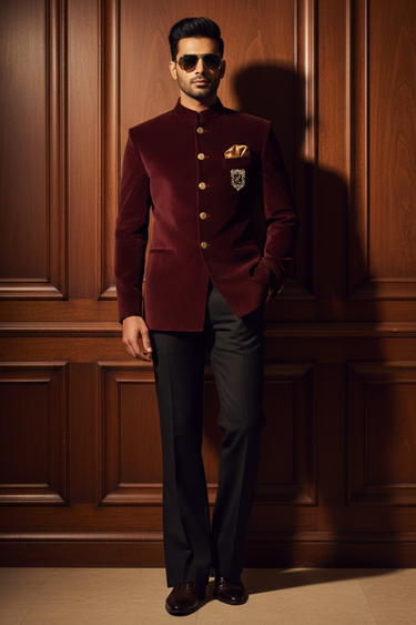 Maroon Velvet Prince Coat with Black Trousers