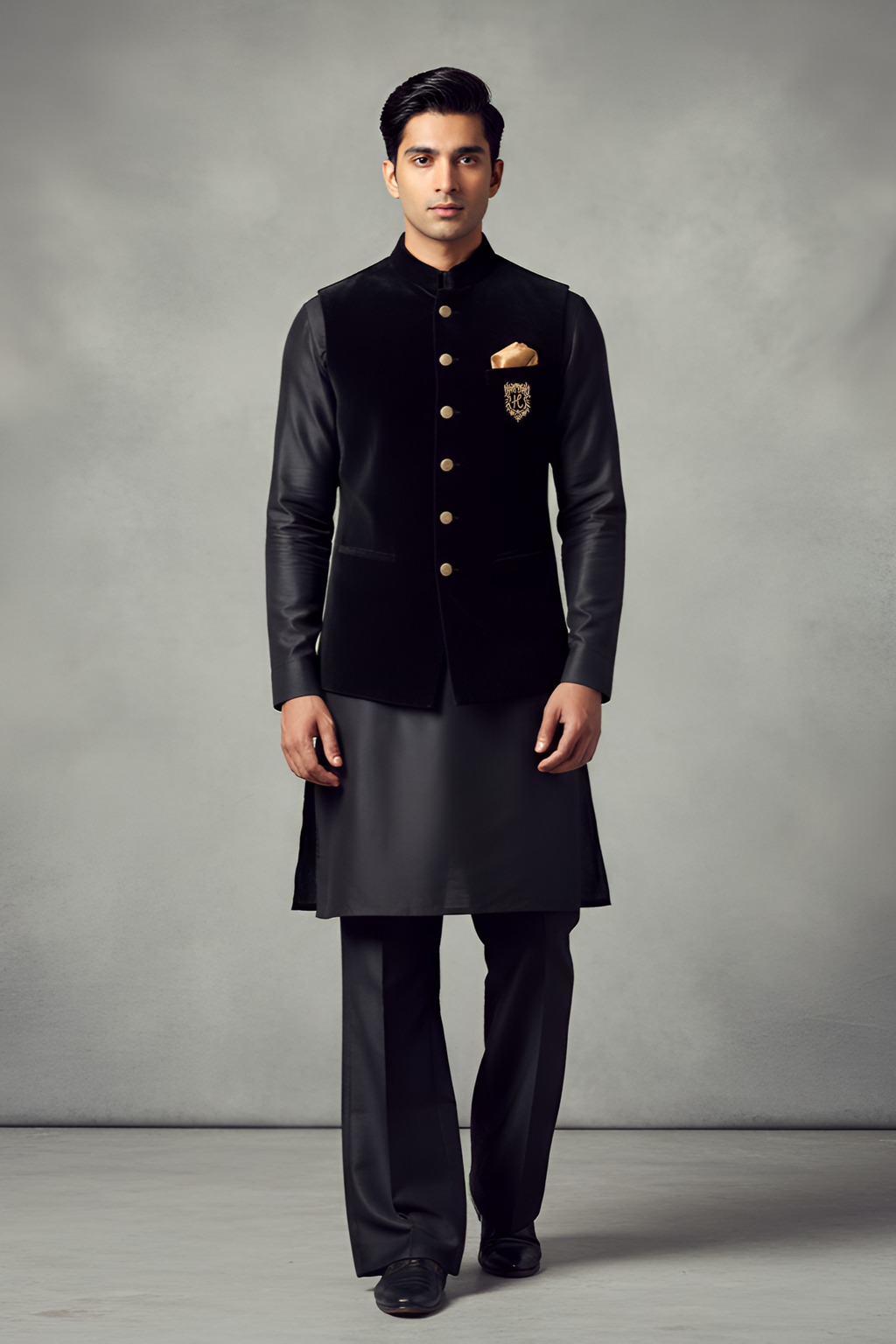 black velvet waistcoat with kurta/trouser Waist Coats Humayun Alamgir