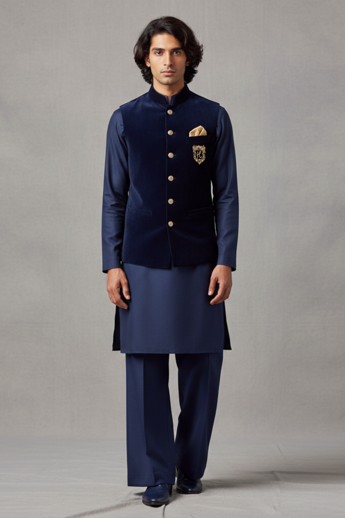 navy blue velvet waistcoat with kurta/trouser Waist Coats Humayun Alamgir