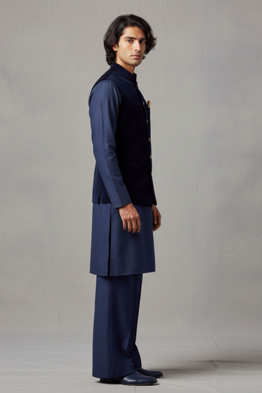 navy blue velvet waistcoat with kurta/trouser