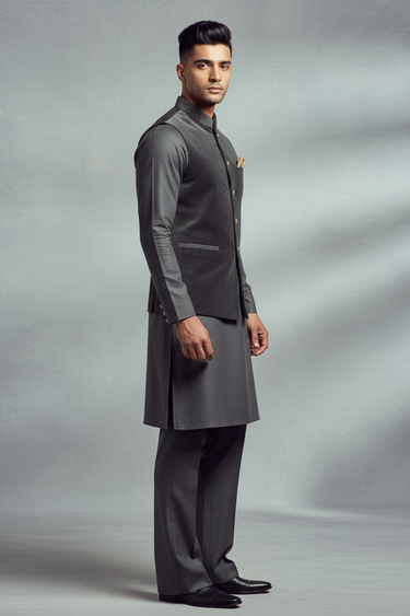 charcoal gray velvet waistcoat with kurta/trouser