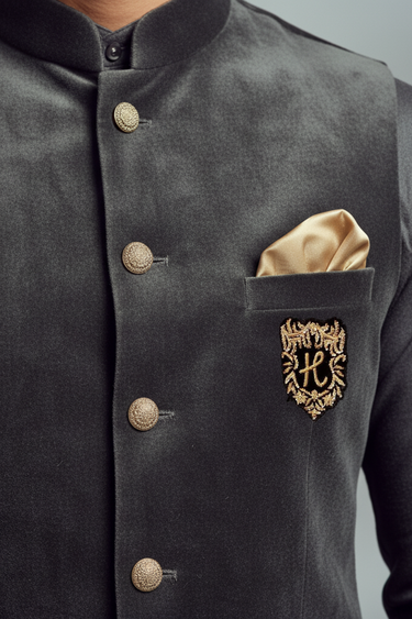 charcoal gray velvet waistcoat with kurta/trouser