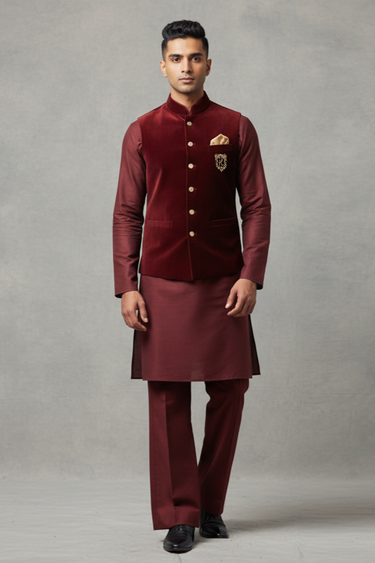 maroon velvet waistcoat with kurta/trouser