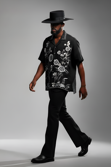 Black Floral Embroidered Shirt