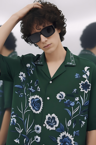 Dark Green Floral Embroidered Shirt Humayunalamgir