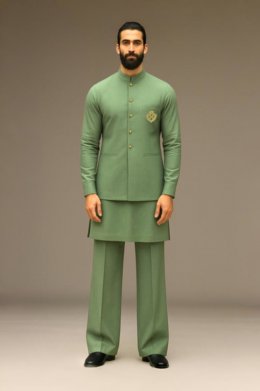 MINT GREEN WAISTCOAT WITH KURTA/PAJAMA - COTTON SILK Waist Coats Humayunalamgir